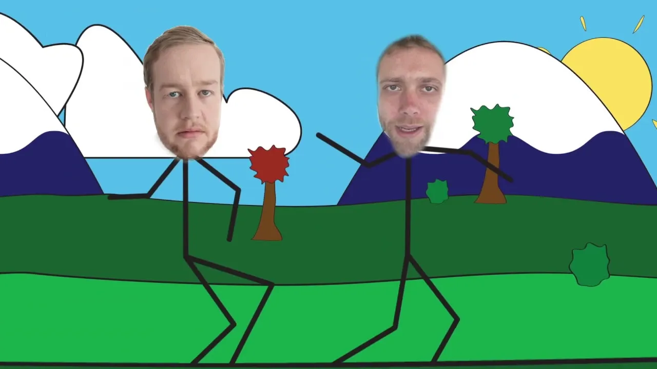 Two stickmen with Mark and Michael's real human heads superimposed. The background is a tacky 2D animated landscape.