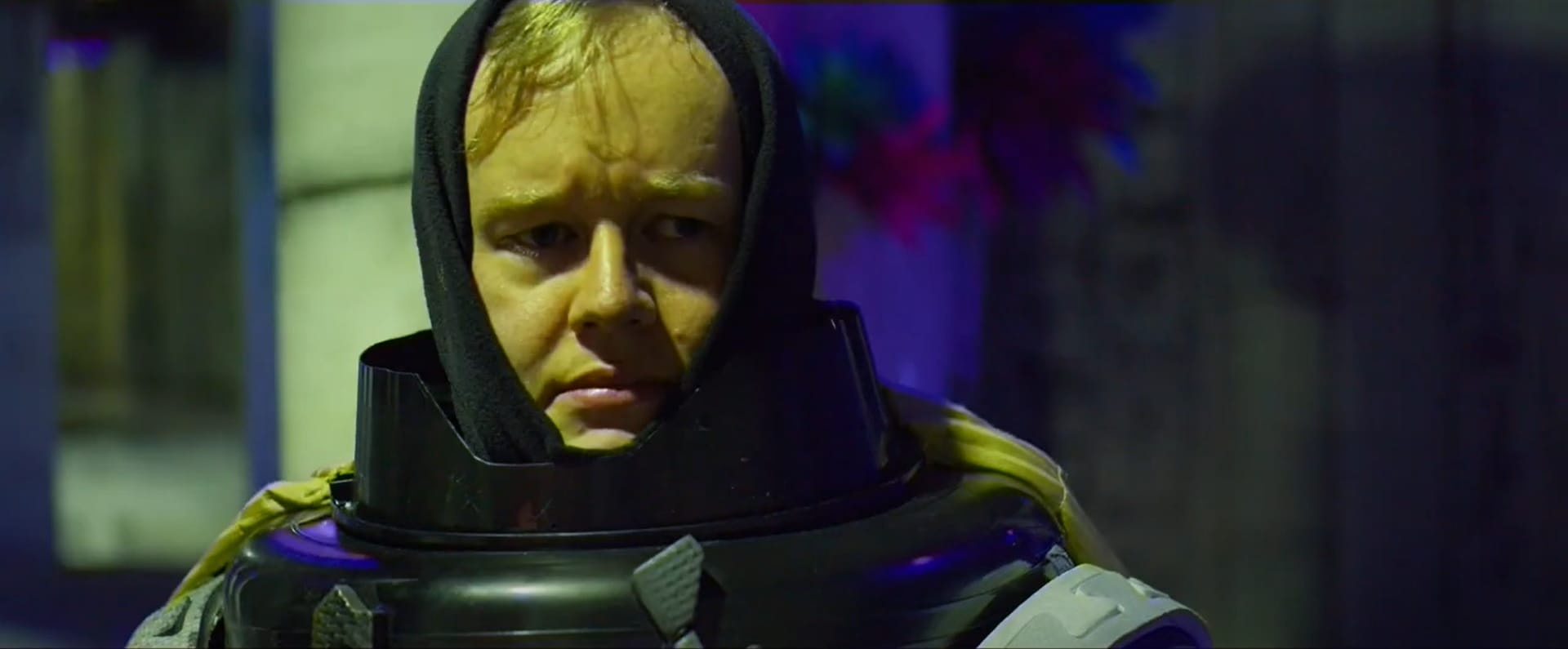 Mark Darbyshire dressed as a marine in a low-budget sci-fi film.